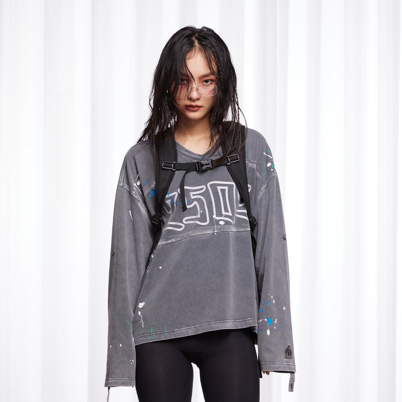 v领泼墨复古做旧洗水长袖T恤