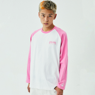 BURNIN T恤男宽松拼接美式 秋冬拼色打底衫 火焰横排LOGO插肩长袖