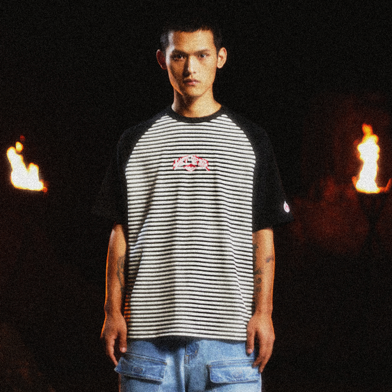 BURNIN*11周年地下宫殿条纹插肩短袖T恤宽松休闲街头夏季潮牌上衣