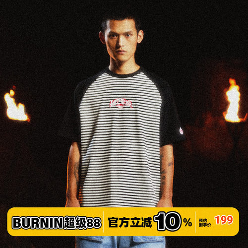 BURNIN*11周年地下宫殿条纹插肩短袖T恤宽松休闲街头夏季潮牌上衣