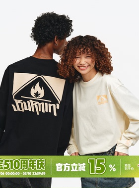 BURNIN*基础圆领方片logo长袖T恤男秋季休闲宽松情侣衫上衣百搭潮