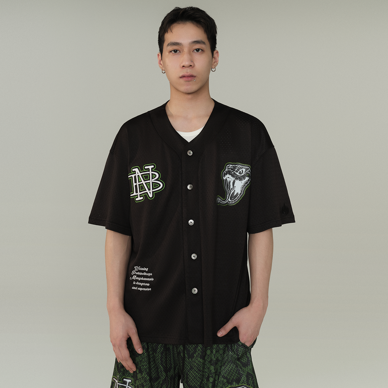 BURNIN*「一脉湘传」莽山烙铁头贴布绣短袖棒球衬衫宽松运动休闲