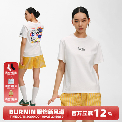 BURNIN*小火人元素贴纸画短袖T恤男女情侣宽松圆领2026年春夏新款