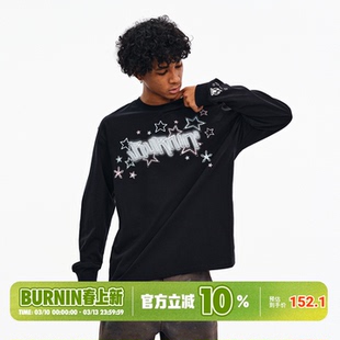 BURNIN*小火苗闪耀星星横排logo长袖T恤男秋冬圆领休闲宽松上衣潮
