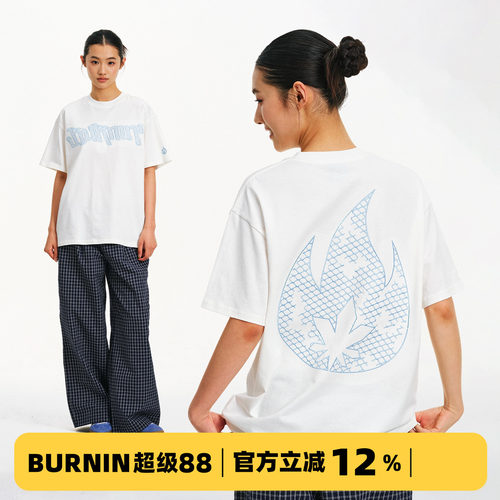 BURNIN*「网纹火苗」烫钻短袖T恤纯棉2026年夏季休闲印花宽松上衣