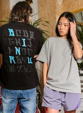 BURNIN*撞色闪粉字母表短袖T恤男夏季简约潮流宽松半袖上衣体恤衫