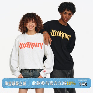 休闲宽松基础情侣上衣百搭潮 BURNIN 横排logo胸口长袖 T恤秋季 新款