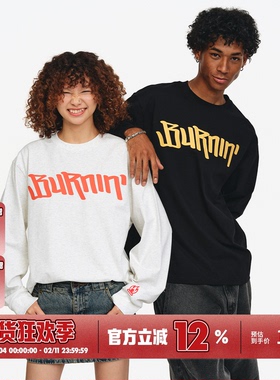 BURNIN*横排logo胸口长袖T恤秋季新款休闲宽松基础情侣上衣百搭潮