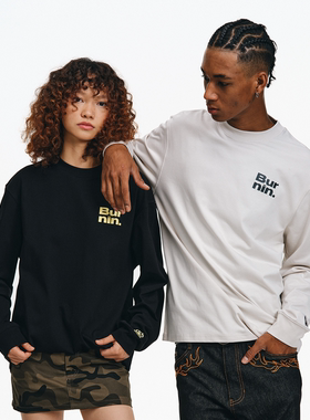 BURNIN*小火苗基础款长袖T恤男女同款宽松休闲圆领上衣百搭打底衫