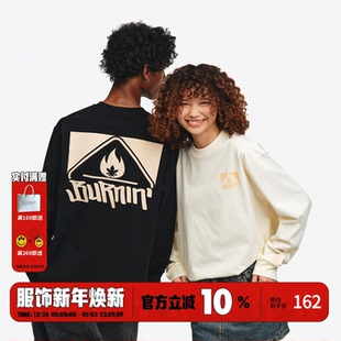 休闲宽松情侣衫 T恤男秋季 上衣百搭潮 基础圆领方片logo长袖 BURNIN