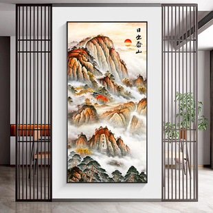 数字油画diy手绘入户玄关装饰画日出泰山靠山走廊过道挂画竖壁画