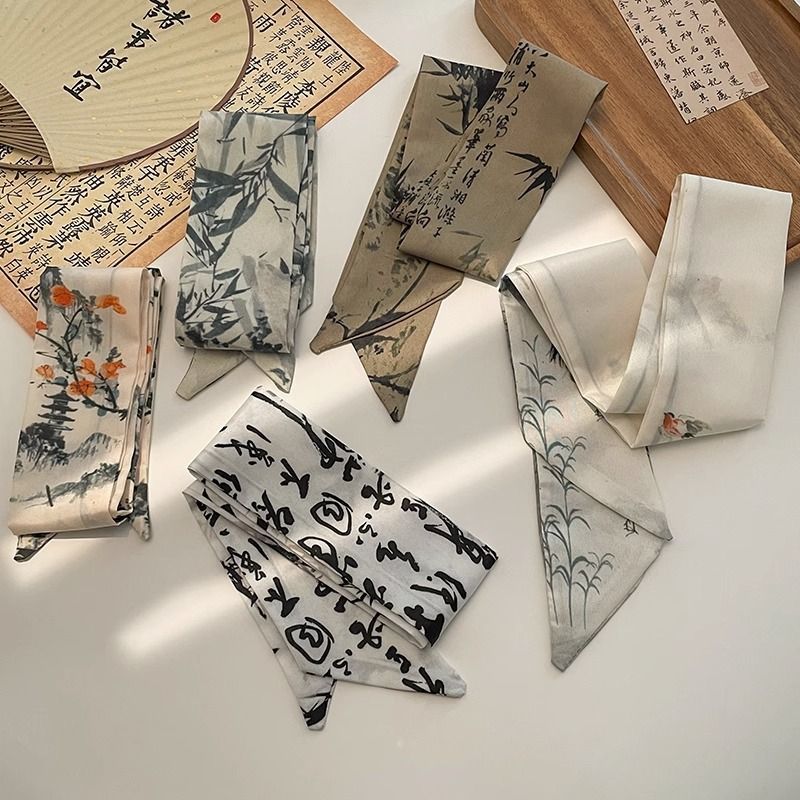 中式墨竹白鹤新古风便宜发带中国风水墨画飘带气质绑包袋长条丝巾