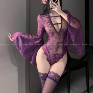 恶魔大人情趣性感透视连体衣纯欲喇叭袖蕾丝睡衣深V镂空内衣制服