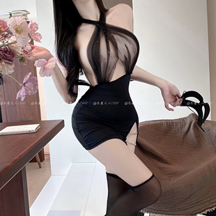 恶魔大人性感情趣透视睡衣女小胸挂脖包臀裙制服短裙内衣睡裙诱惑