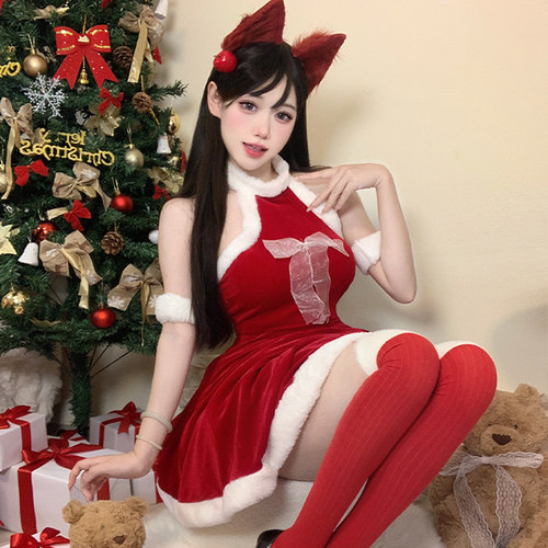 情趣性感圣诞战袍挂脖露背连衣裙