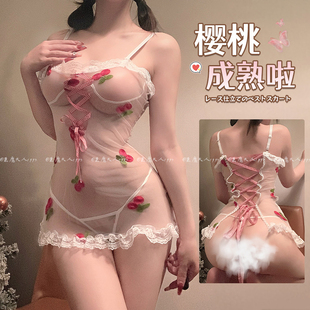 恶魔大人情趣性感纯欲风薄纱樱桃透明睡衣制服透视吊带包臀裙睡裙