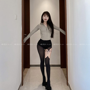 恶魔大人纯欲性感钻链挖孔不规则设计感吊带袜超薄百搭黑色连裤 袜