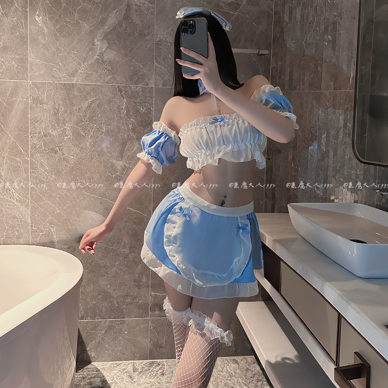恶魔大人情趣清纯蓝色女佣制服角色扮演性感分体透视裹胸短裙套装