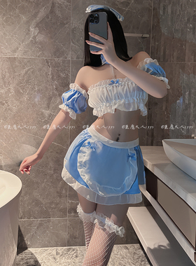 恶魔大人情趣清纯蓝色女佣制服角色扮演性感分体透视裹胸短裙套装