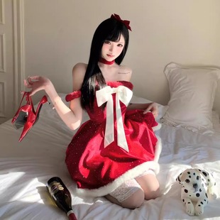 恶魔大人圣诞夜宴大蝴蝶结红色闪闪抹胸连衣裙气质蓬蓬公主裙战袍