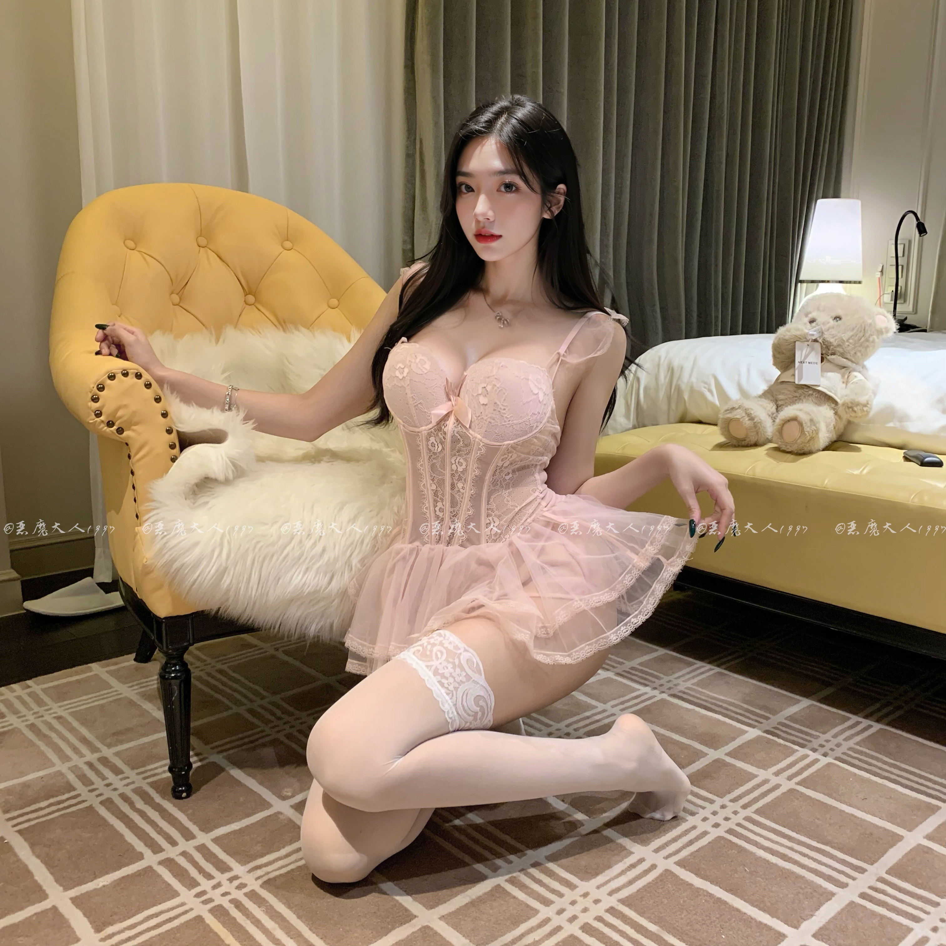恶魔大人性感鱼骨纯欲蕾丝网纱吊带睡裙收腰显瘦情趣小熊聚拢睡衣