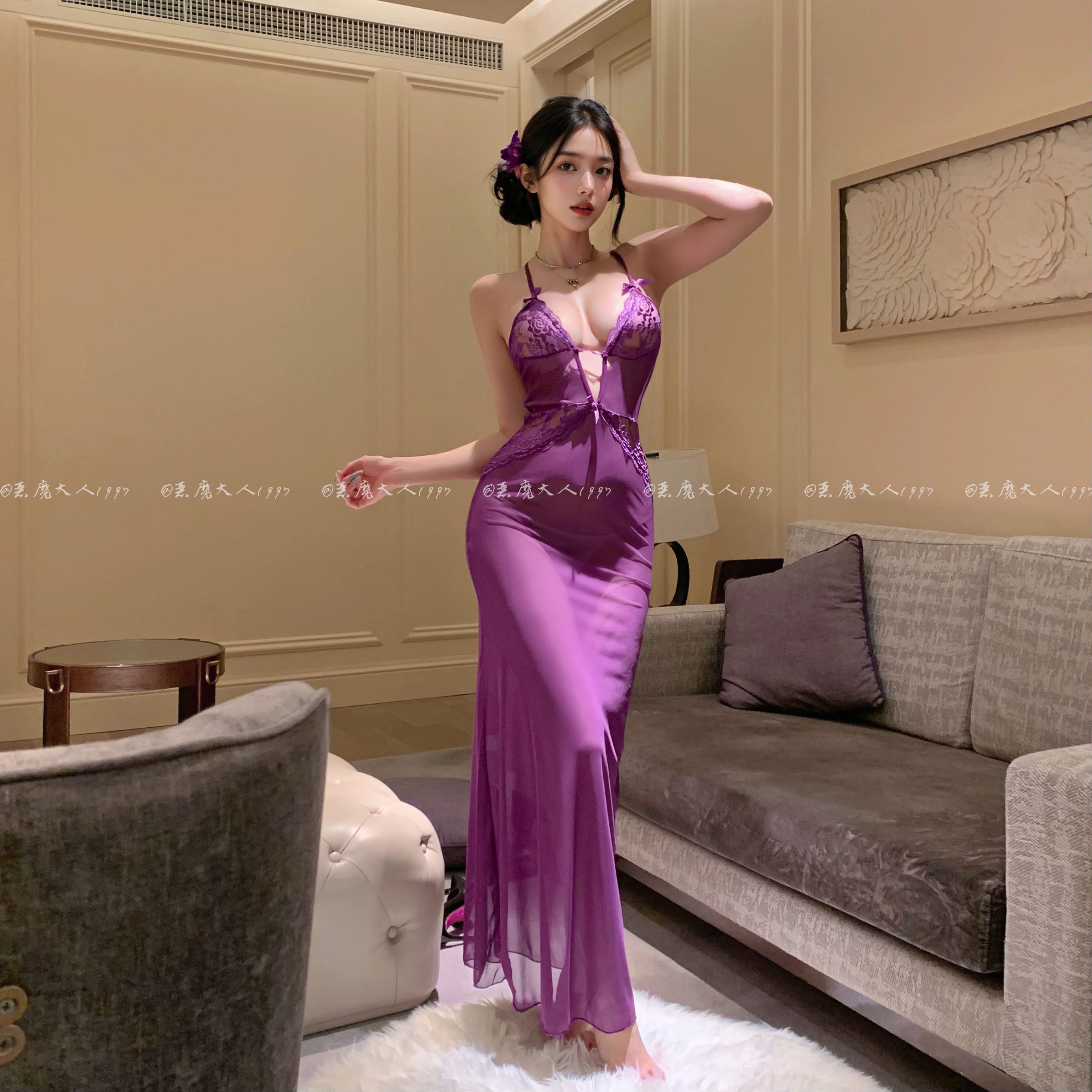 恶魔大人性感修身透视鱼尾长裙深V诱惑情趣睡衣纯欲网纱吊带睡裙