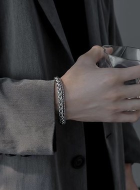 男士不锈钢手链嘻哈简约龙骨花篮方珍珠双层钛钢手串复古街头配饰