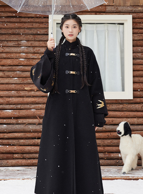 听旬飞鸿冬季汉服女新中式改良原创方领羊毛外套黑色显瘦大衣套装