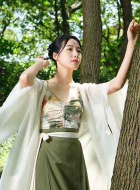 听旬绿罗夏季汉服女改良外衫原创通勤雪纺背心吊带素色横罗马面裙