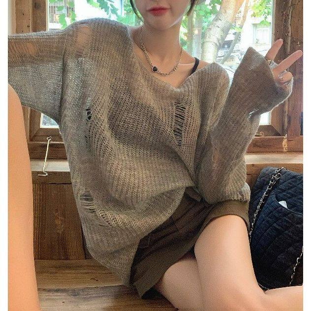 宽松慵懒风破洞镂空针织罩衫女2026春夏薄款复古灰色空调外搭上衣