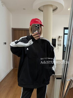 十三行2026春季新款韩版垫肩刺绣条纹拼接宽松拉链立领长袖外套女