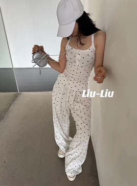 十三行liuliu2024夏季新波点修身短款吊带背心加阔腿裤休闲套装女