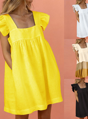 Casual Square Neck Ruffle Swing Dress 休闲方领荷叶边连衣裙女