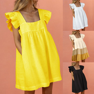 Casual Square Neck Ruffle Swing Dress 休闲方领荷叶边连衣裙女