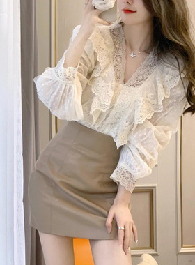 Ruffle edge bubble sleeve shirt女士法式V领荷叶边泡泡袖衬衣衫
