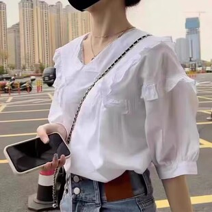 color sleeveshirt纯色娃娃领泡泡袖 doll bubble 衬衣 neck Solid