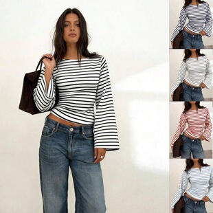 一字领喇叭袖条纹One neck flared sleeve striped short T-shirt