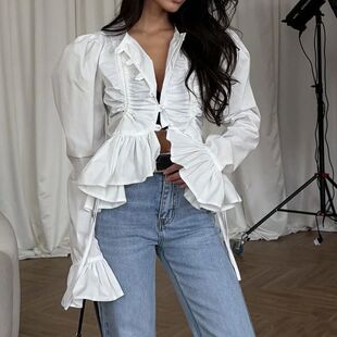 女士褶皱喇叭袖荷叶边衬衫 Pleated flared sleeve ruffled shirt