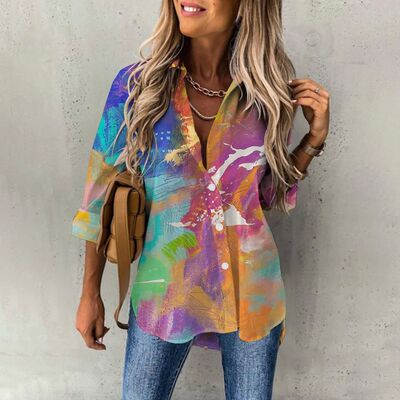 Long sleeved loose print button up shirt长袖宽松印花纽扣衬衫