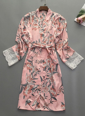 Women Sleepwear Robe Silk Satin Printed Lace Pajamas Nightgo