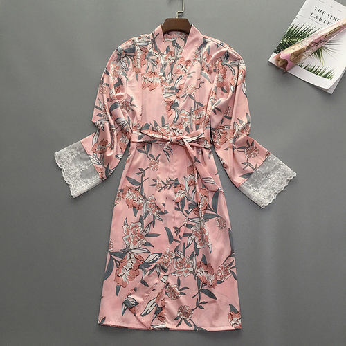 Women Sleepwear Robe Silk Satin Printed Lace Pajamas Nightgo