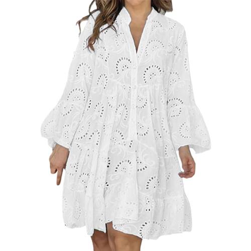 Solid V-neck loose embroidered lace dress纯色V领蕾丝连衣裙女