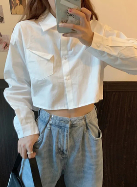 Casual cropped polo collar student white shirt  polo领白衬衫