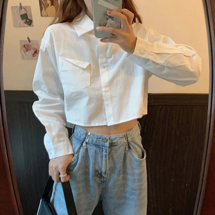 Casual cropped polo collar student white shirt  polo领白衬衫