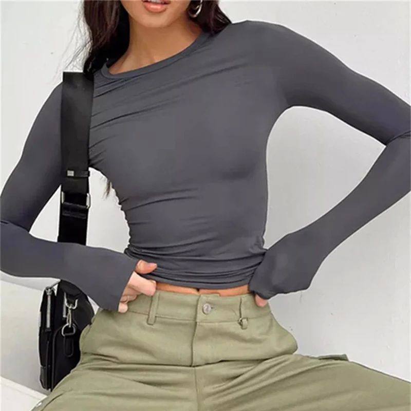 Long sleeved solid color pullover t-shirt女长袖纯色套头衫t恤