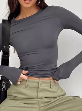Long sleeved solid color pullover t-shirt女长袖纯色套头衫t恤