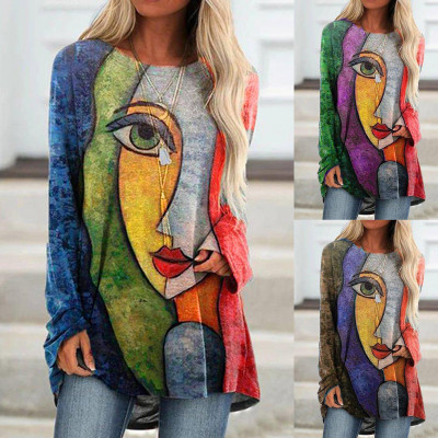 圆领长袖休闲宽松印花T恤