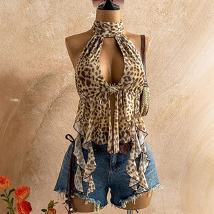 豹纹挂脖深V领绑带吊带背心Leopard print neck hanging tank top