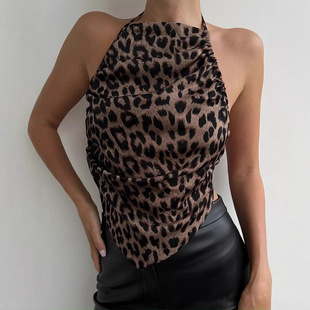 欧美风挂脖豹纹背心吊带女Hanging neck leopard print suspender