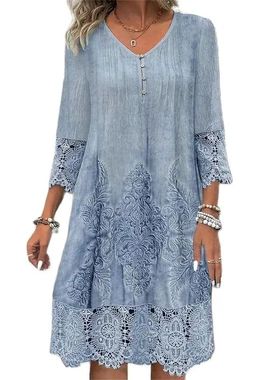 Solid V-neck casual printed lace dress 纯色V领印花蕾丝连衣裙